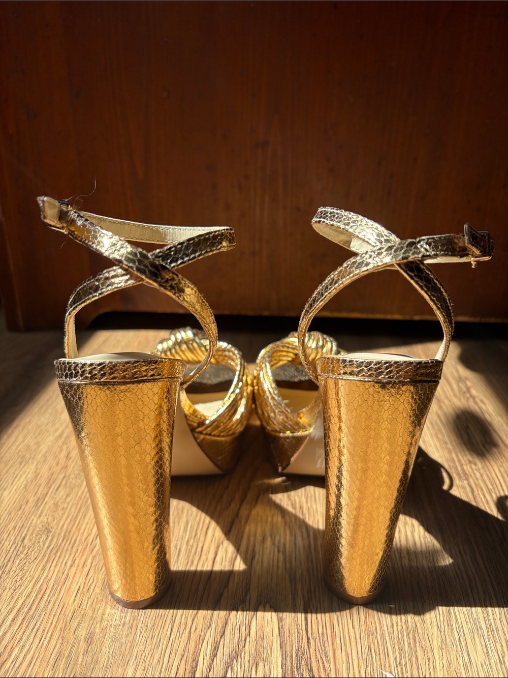 Jessica Simpson Metallic Gold Knotted Ankle-Strap Platform Heels - Picture 3 of 4